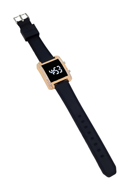 tutkanstore Çentikli Kare Taş Detaylı Gold Kare Kasa Siyah Silikon Kordon Kad...