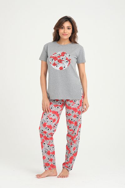 Avones Gray Teddy Bear Printed Cotton T-shirt-Pants Knitted Pajama Set