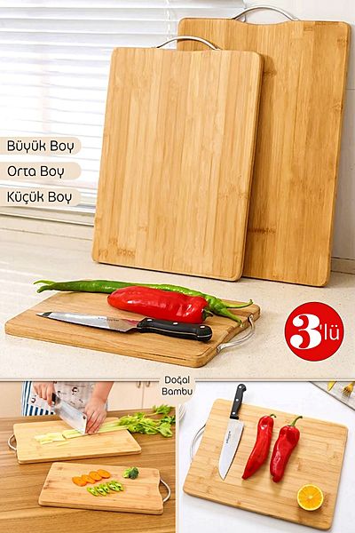 Tilbe Home 3-Piece Bamboo Cutting Board Luxury Three Size Steel Handle Cheese Serving Presentation Tray Meat Vegetable Chopping Board