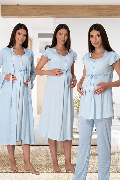 Lohussa Set de pijamale de maternitate din bumbac cu buline albastre pentru femeie Set de 4 halate de maternitate