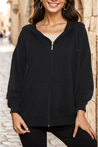 Genel Markalar Kapşonlu Fermuarlı Sweat Siyah