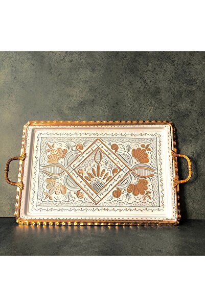 Copper Studio 999 19x34 Cm Oval, Işlemeli, Pirinç Saplı Kalın Bakır Çay Ve Kahve Sunum, Servis Tepsisi