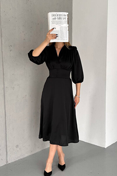 Neşeli Butik فستان نسائي أسود مبطن بأزرار من الساتان NBK2070