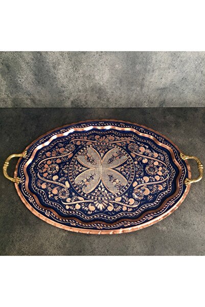 Copper Studio 999 31x44 Cm Oval, İşlemeli, Pirinç Saplı Kalın Bakır Çay Ve Kahve Sunum Tepsisi, Söz Nişan Tepsisi
