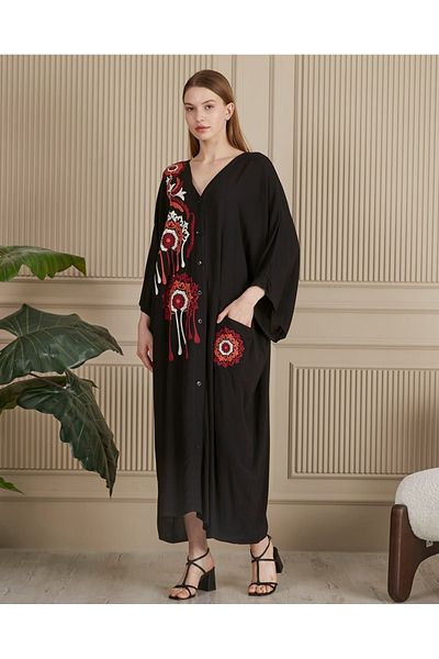 Lavanta Tekstil Rochie camasa brodata neagra