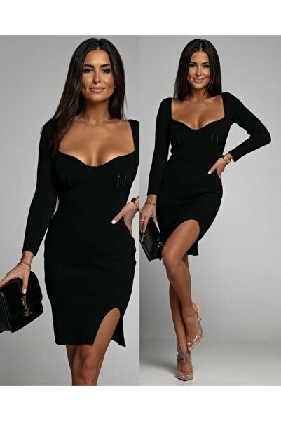 Zühre Γυναικείο μακρυμάνικο φόρεμα με φαρδύ γιακά με λεπτομέρεια μίνι μήκους πλεκτό