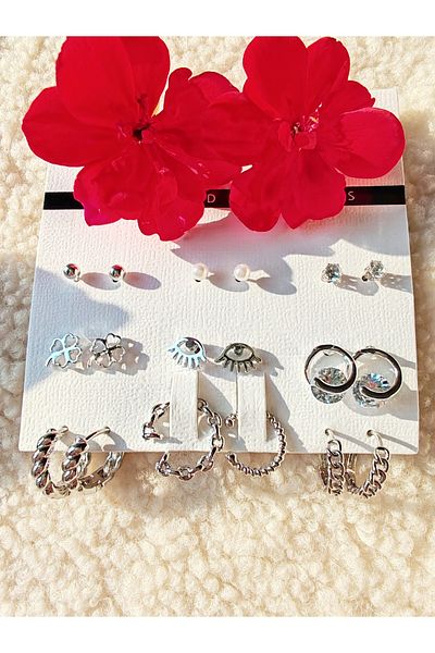 İLKYAZ ACCESSORY 9-PIECE MINIMAL EARRING SET WITH CRIMPED EARRINGS