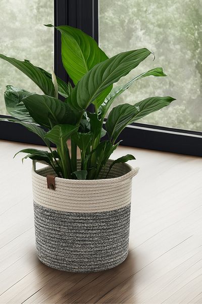 MISS JULİ Multi-Purpose Decorative Flower Pot with Handle, Bathroom, Towel Basket, Organizer 22X23 cm