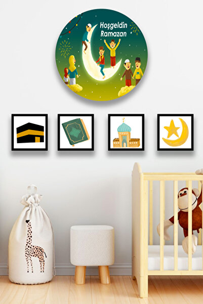 Nod Çocuklar Için Ramazan Hoşgeldin 5 Parça Duvar Ahşap Tablo Seti, Dini ,isl...