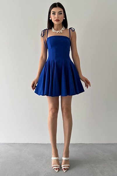 Secret Passion Lingerie Atlas Kumaş Bağcık Detaylı İnce Askılı Kloş Prenses Kesim Saks Mavi Elbise Mezuniyet Elbisesi 164