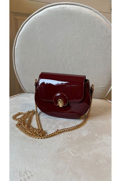 Mercan Stores Women's Burgundy Mini Shiny Patent Leather Accessory Chain Shoulder Strap Buckle Money Bag