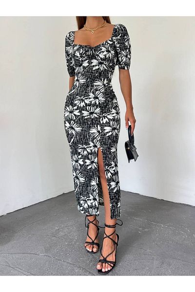 LB Laluna Butik Γυναικείο φλοράλ κοντό μανίκι Madonna Sweetheart λαιμόκοψη μίντι φόρεμα βισκόζης
