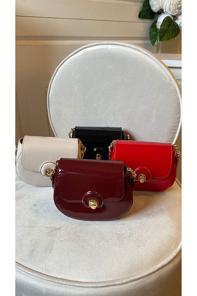 Mercan Stores Women's Burgundy Mini Shiny Patent Leather Accessory Chain Shoulder Strap Buckle Money Bag