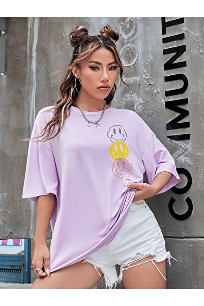 WOODROFFE Tricou casual oversize cu imprimeu Smile pentru femei/fete - Boyfirend