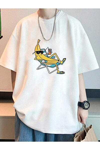 WOODROFFE Μπανάνα εμπριμέ Oversize ανδρικό μπλουζάκι Casual Boyfirend