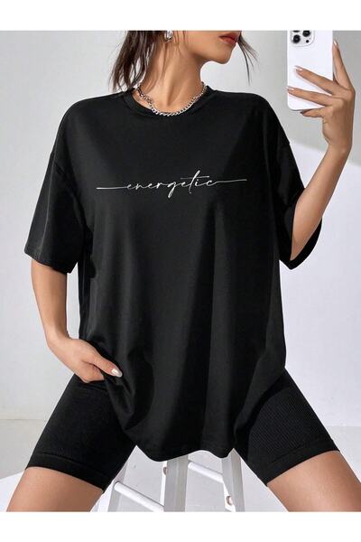 WOODROFFE Tricou negru oversize cu imprimeu energic pentru femei/fete - Casua...