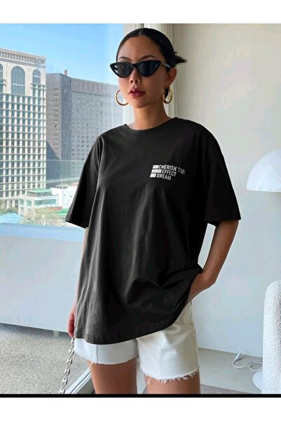 WOODROFFE Women's Cherish Time Effect Printed Oversize Casual T-shirt Boyfriend