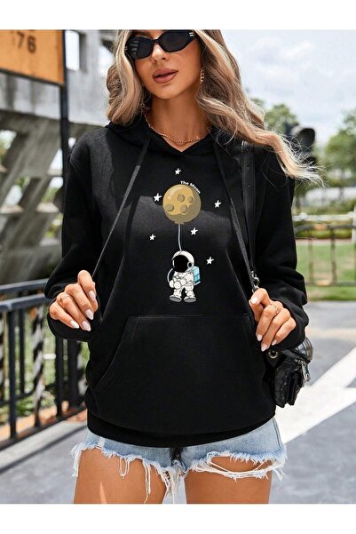 WOODROFFE Hanorac oversize cu glugă neagră unisex cu imprimeu astronaut pentr...