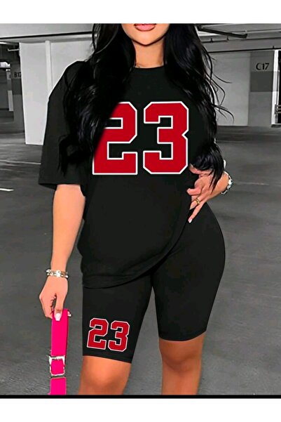 WOODROFFE طقم تي شيرت نسائي فضفاض كبير الحجم مطبوع عليه 23 لباس ضيق