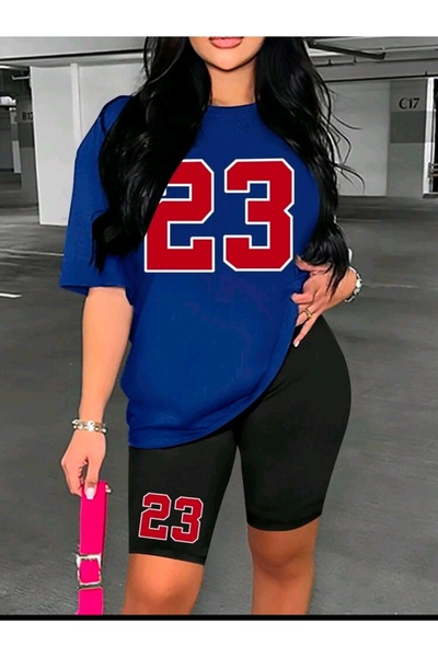 WOODROFFE طقم تي شيرت نسائي فضفاض كبير الحجم مطبوع عليه 23 لباس ضيق