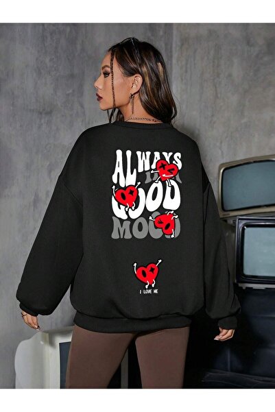 WOODROFFE Γυναικείο φούτερ Always Good Mood με στάμπα με λαιμόκοψη Unisex μαύ...