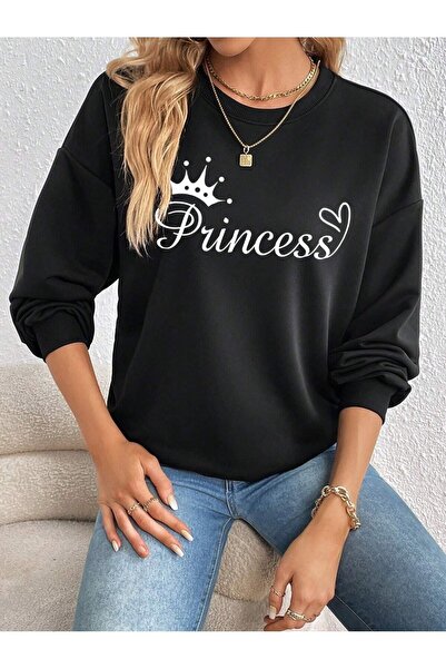 WOODROFFE Hanorac oversize negru unisex cu imprimeu prințesă cu text