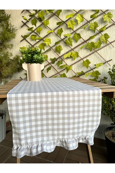 Decamor home Linen Frilly Runner Vintage Gingham Gray Runner