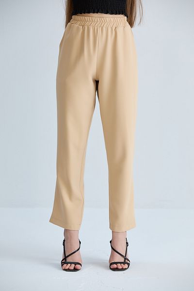 Space Fashion Pantaloni de damă cu buzunare crem din material textil cu talie elastică
