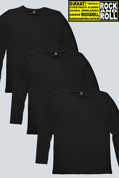 ROCKANDROLL Plain Black Long Sleeve Men's 3-Piece Eco Pack T-shirt