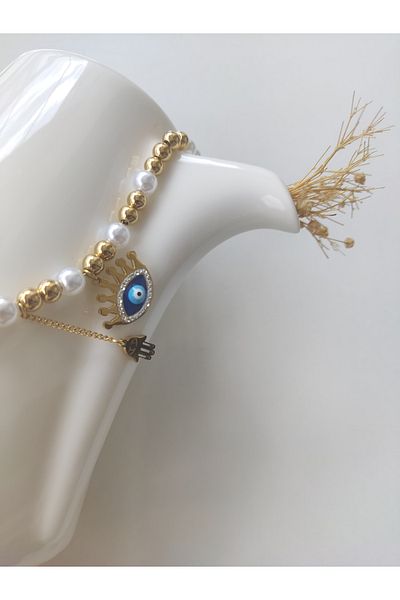 HA WEL ACCESSORY STEEL PEARL WITH EYE EVIL EYE BRACELET GOLD