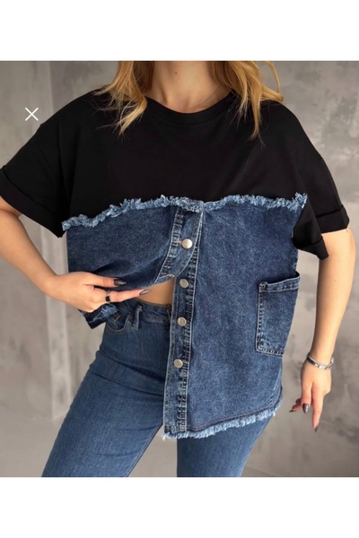 Cardella Γυναικείο μπλουζάκι με τζιν τζιν με λεπτομερή ασύμμετρη κοπή με σκισίματα