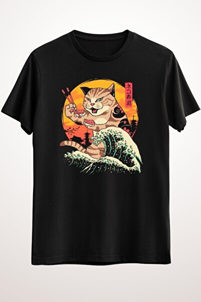 ZOKAWEAR Tricou negru unisex loose fit Neko Sushi Wave
