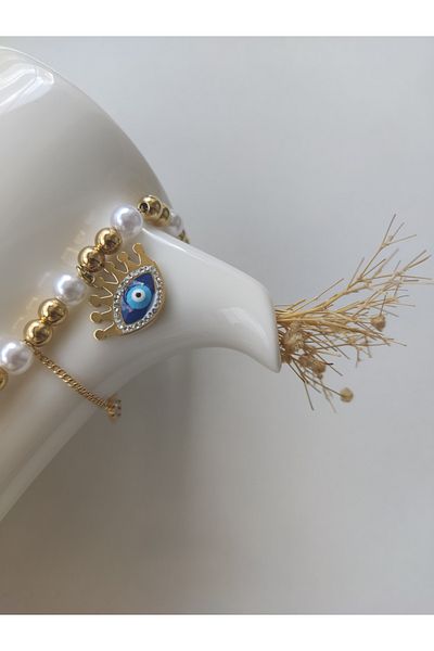 HA WEL ACCESSORY STEEL PEARL WITH EYE EVIL EYE BRACELET GOLD
