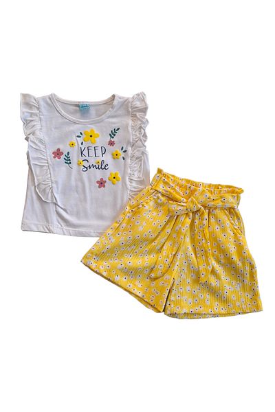 damla kids wear Çaren Kids - Keep Smile Embossed Floral Print Detailed 2-Piece Set - Girl's 2-Piece Set