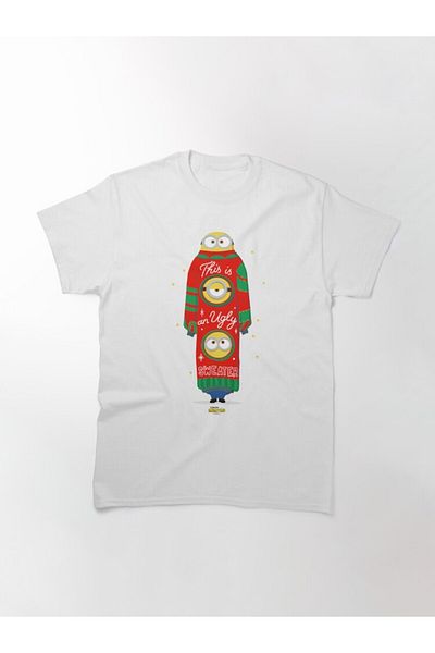 ZOKAWEAR Loose Fit Unisex Minions Christmas Ugly Sweater Group Stack Design Printed T-shirt