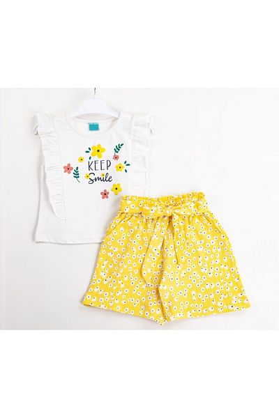 damla kids wear Çaren Kids - Keep Smile Embossed Floral Print Detailed 2-Piece Set - Girl's 2-Piece Set
