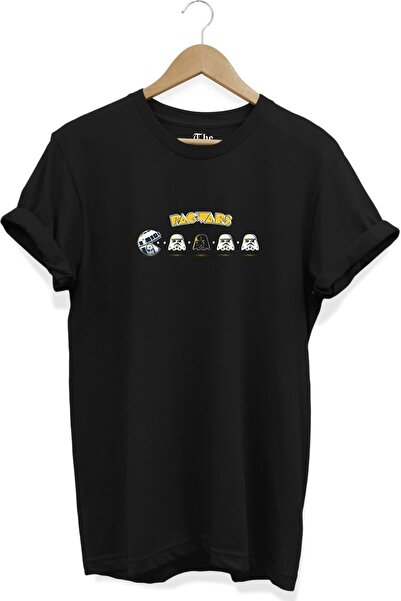 ZOKAWEAR Unisex Bol Kalıp Siyah Starwars Pacman - Pacwars Baskılı Cool Kısa Kollu T-shirt