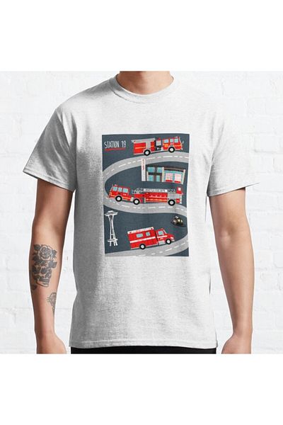 ZOKAWEAR Tricou cu imprimeu unisex, cu design loose, Station 19's Fire Trucks