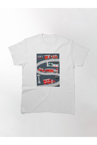 ZOKAWEAR Tricou cu imprimeu unisex, cu design loose, Station 19's Fire Trucks