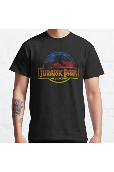 ZOKAWEAR تي شيرت مطبوع عليه شعار فيلم مخطط عتيق للجنسين من Jurassic Park
