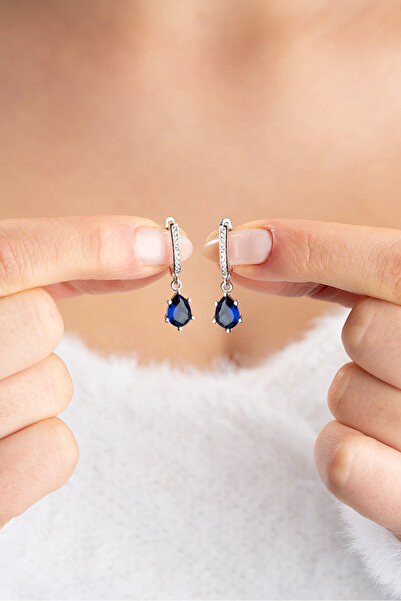 ESSARE 925 Ayar Gümüş Rodyum Kaplama Lacivert Damla Taşlı Küpe