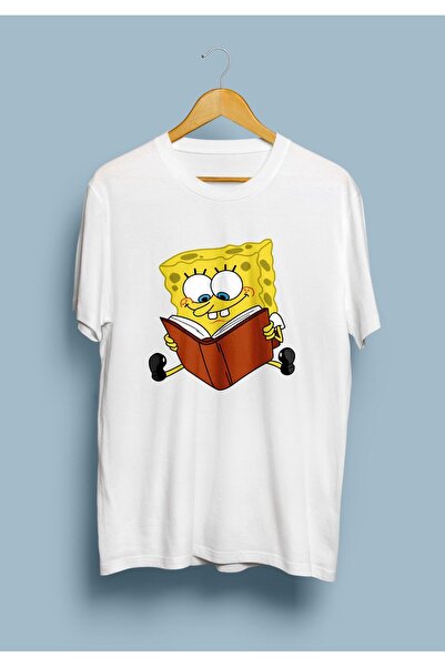 ZOKAWEAR Bol Kalıp Beyaz Kitap Okuyan Sünger Bob Tasarım Baskılı Tişört