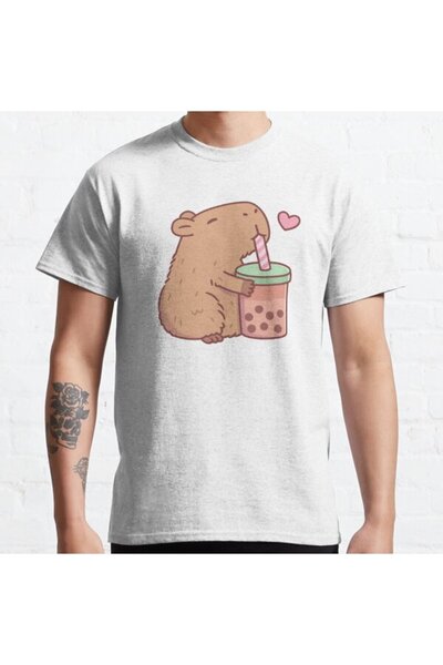 ZOKAWEAR Tricou cu imprimeu unisex, drăguț Capybara Loves Bubble Tea