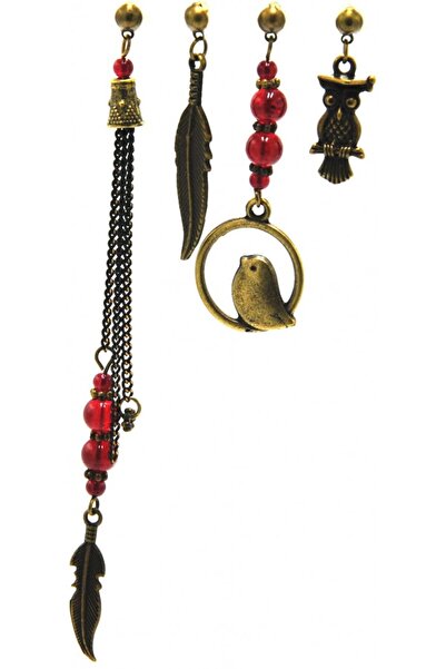 AKIN AKSESUAR HEDİYELİK 4-Piece Claret Red Leaf Bird and Owl Figured Authenti...