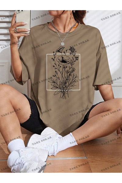 Tarzsokak Μπλουζάκι BAY Unisex με φλοράλ στάμπα εκτός ώμου - KOD-1333