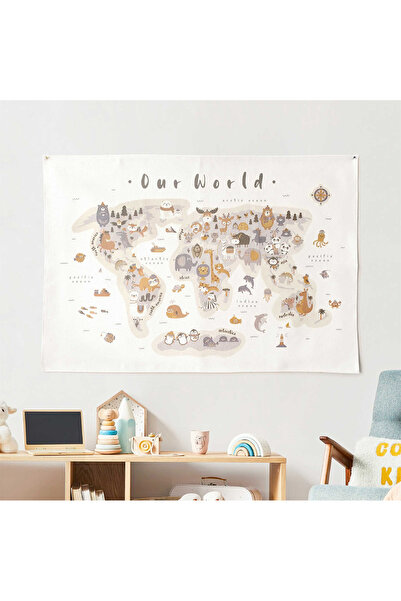 Jüppo Hayvanlar Alemi Dünya Haritası Duvar Örtüsü, Organik Pamuk Kumaş Duvar ...