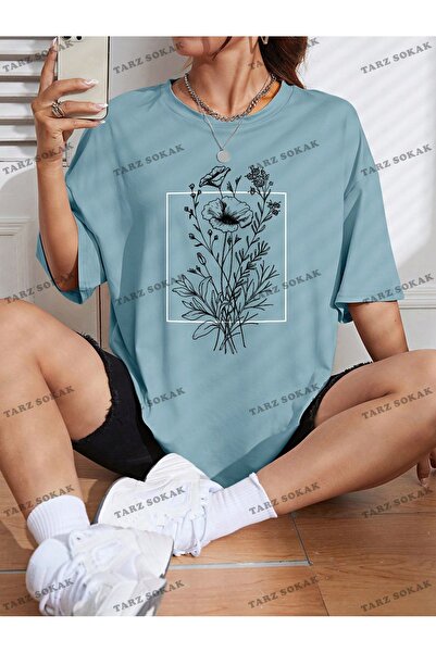 Adrift BAY Унисекс тениска с отворени рамене с флорални шарки - KOD-1333