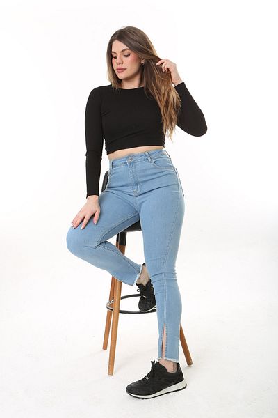 Şans Blugi din lycra de damă, de mărime mare, albaștri, cu talie înaltă, cu fante, picior slab, 65N37606
