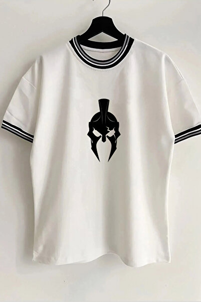 Vordevia Tricou oversize unisex alb cu nervuri, cu imprimeu pentru cască, guler și mâneci de sezon nou