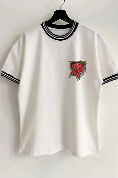 Vordevia Флоральний геометричний принт Новий сезон Комір та рукави з резинкою Біла оверсайз унісекс футболка